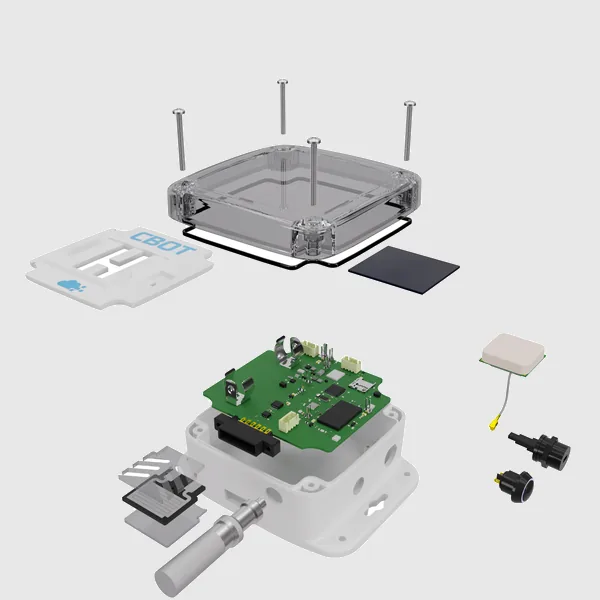 Exploded sensor enclosure: housing, gasket, lid and PCB